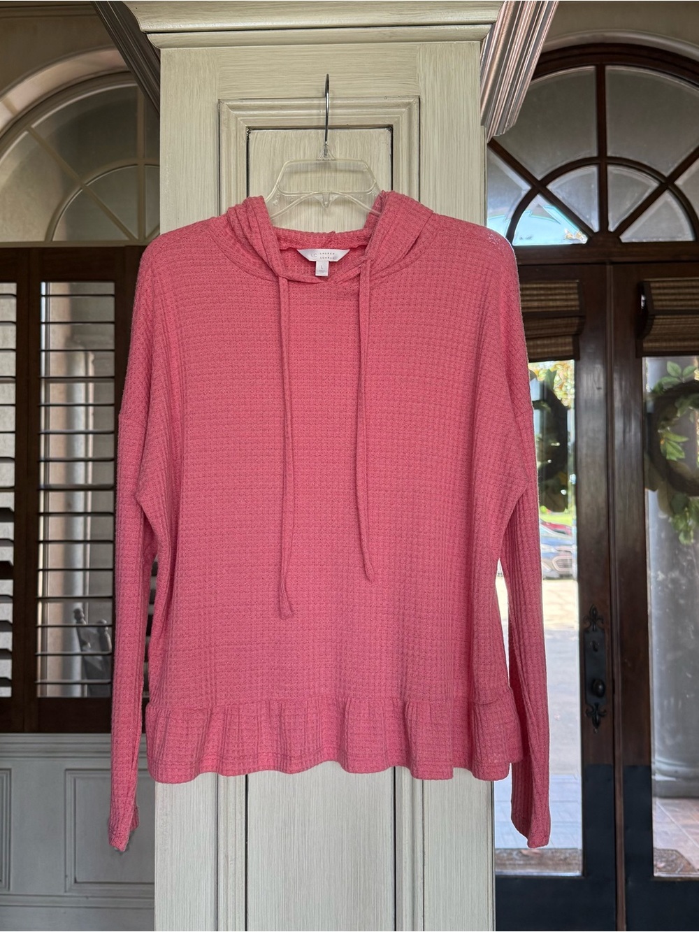 Lauren Conrad women’s Pink Waffle Knit Hoodie with Ruffle Hem size L